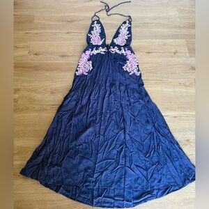 Soieblu Blue Backless Maxi Summer Dress Pink & White Floral Embroidered Size S
